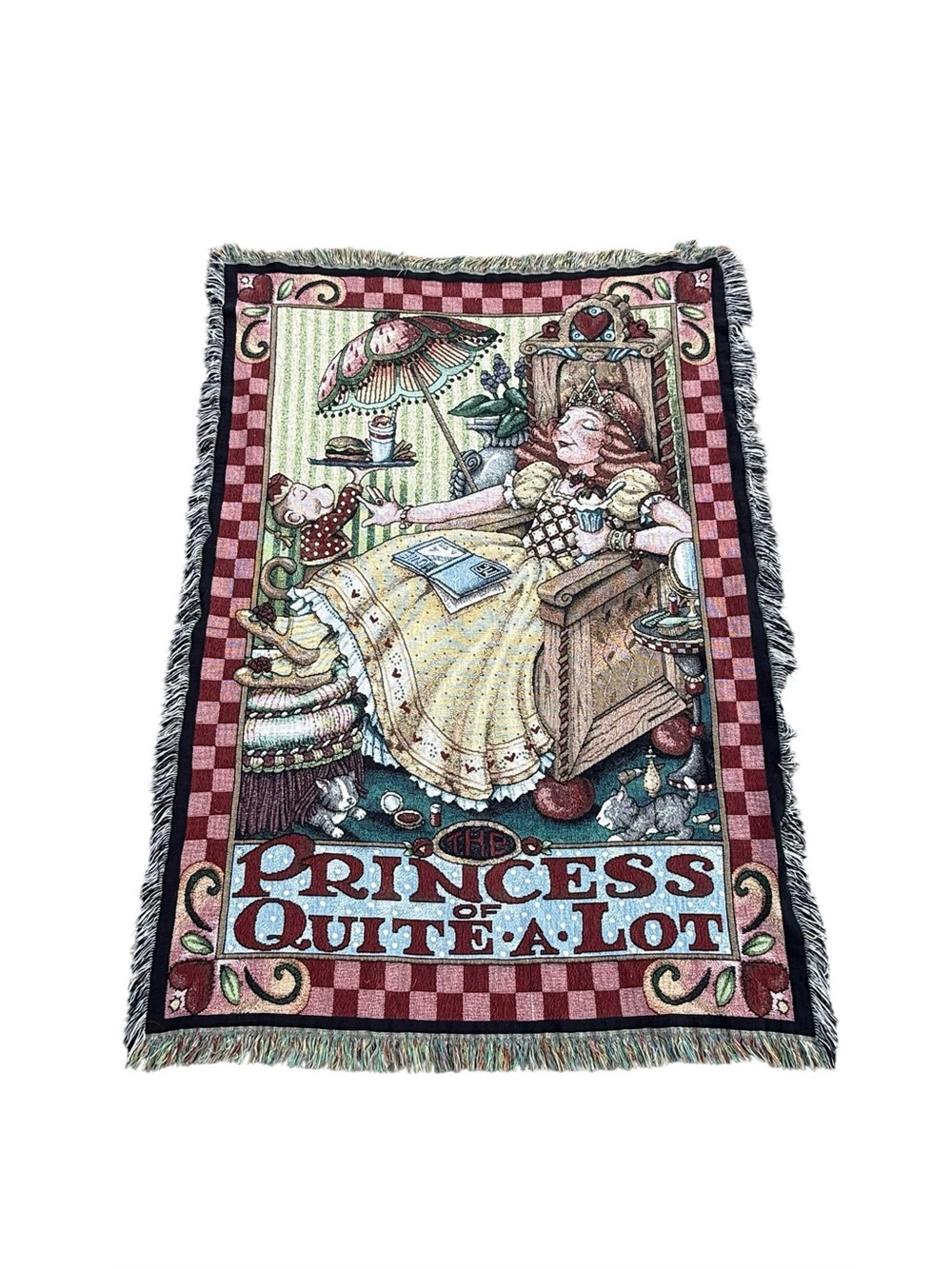 Vtg Mary Engelbreit The Princess of Quite A Lot Throw Blanket Fringed Tapestry